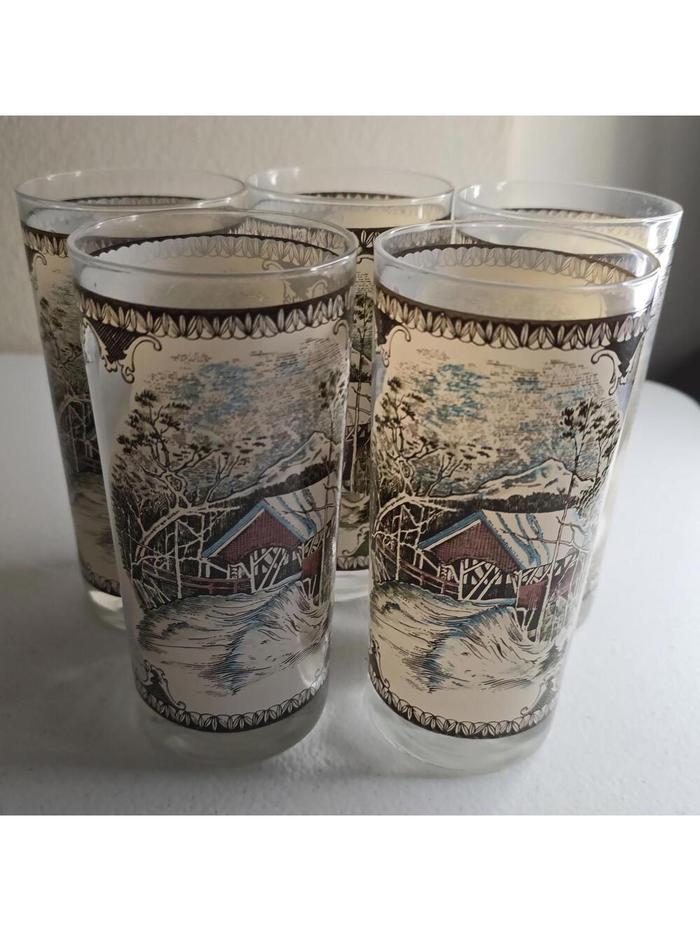 Set of 5 1970s Winter Cabin Fever, Rustic Style Glasses - Israel